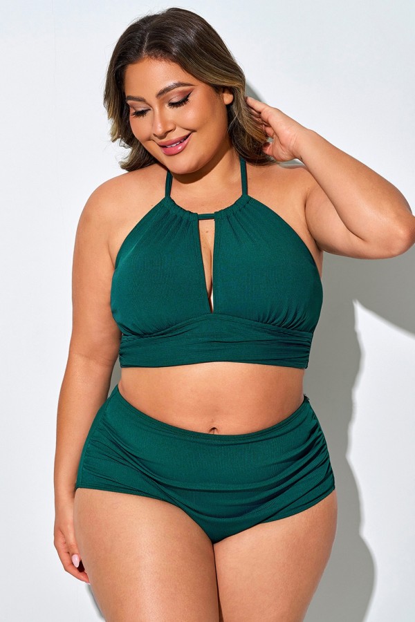 Top De Bikini Halter Con Corte Fruncido Verde Oscuro