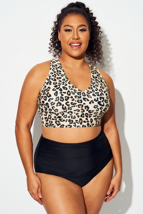 Top de bikini cruzado en la espalda con estampado de leopardo y ala ancha