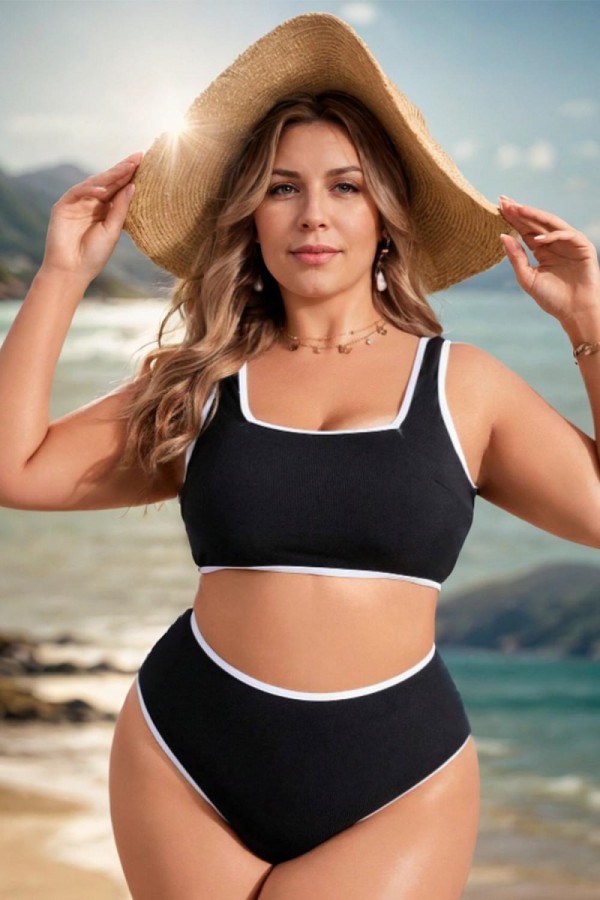 Top de bikini negro con escote cuadrado y ribete blanco