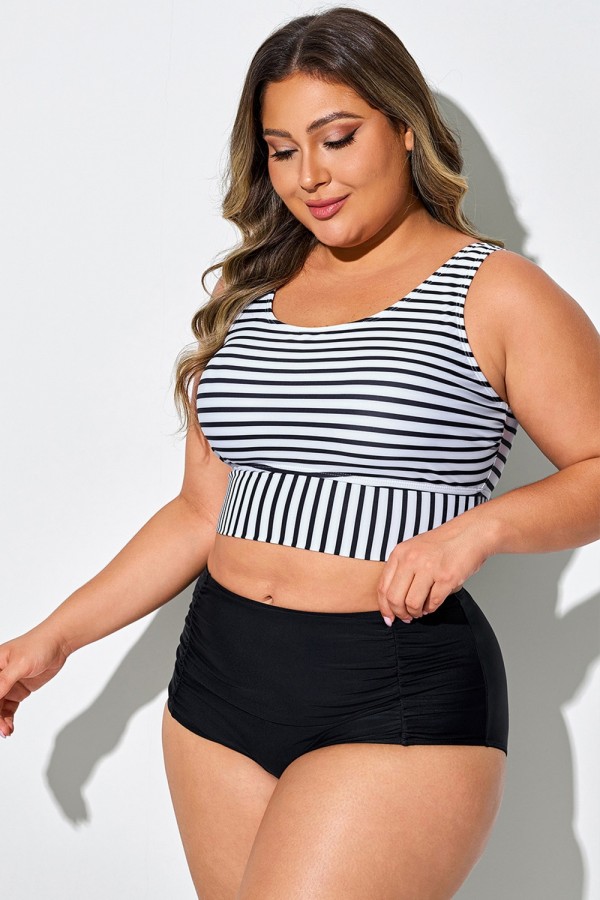 Top de bikini de tirantes anchos a rayas blancas y negras