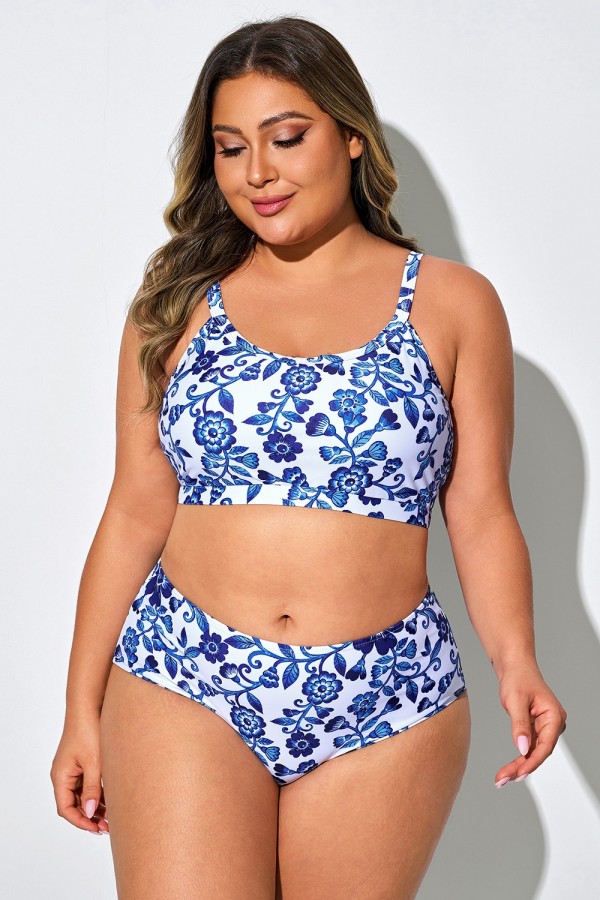 Top de bikini floral azul porcelana para vacaciones en la playa