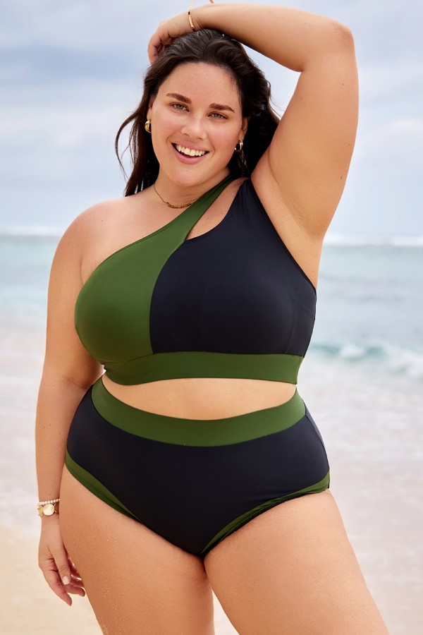 Top de bikini de un solo hombro elegante verde y negro