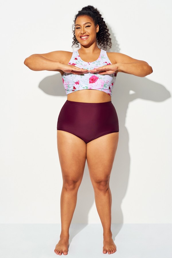Traje de Baño Corto Rojo Vino Cintura Alta