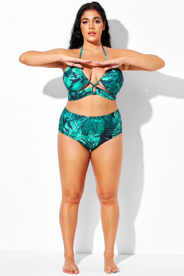 Braguita de cobertura completa con estampado de palmeras verdes para mujer