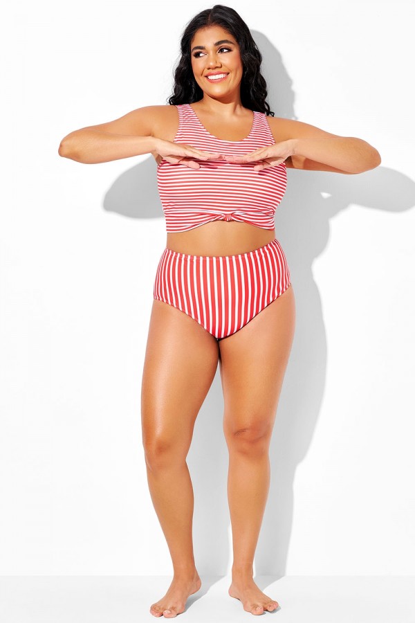 Slip de baño de talle medio a rayas rojas y blancas