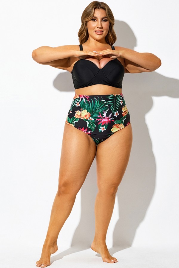 Bañador tipo slip de cintura alta con estampado floral negro elegante