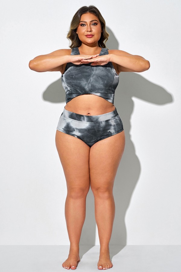 Braguita de baño de talle alto con estampado tie-dye en negro y gris