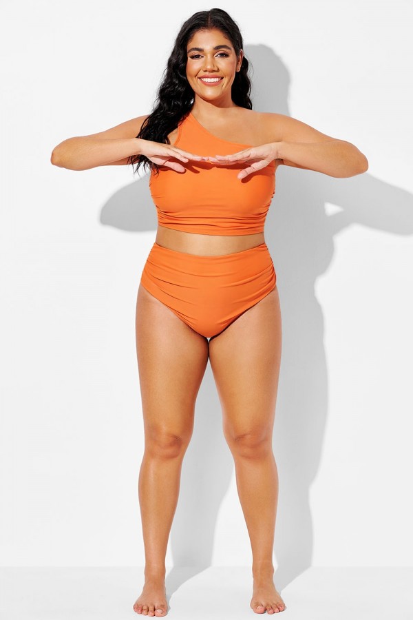 Braguita de bikini naranja de talle alto con fruncido lateral.
