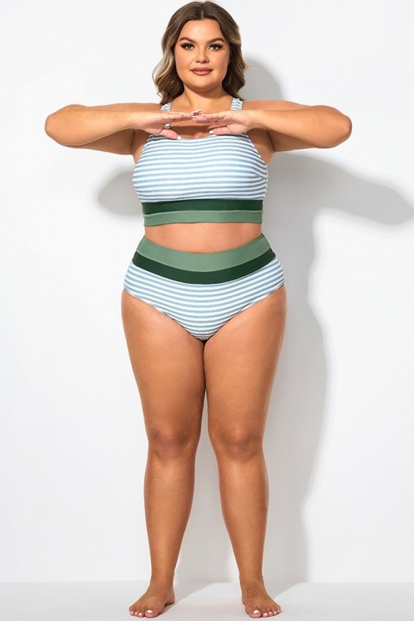 Braga de Bikini Verde de Talla Grande de Patchwork a Rayas