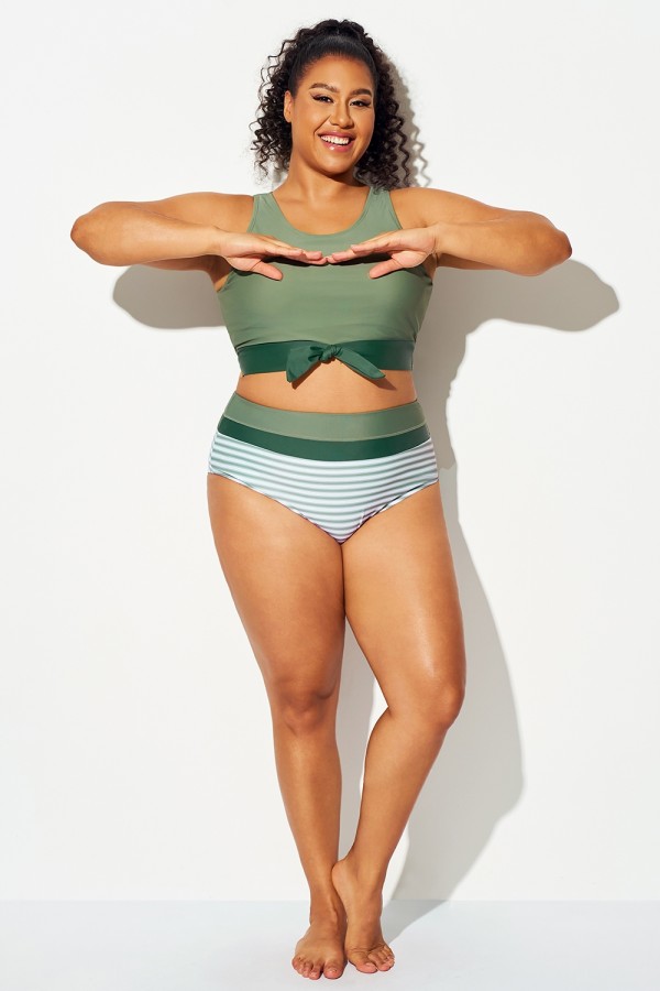 Braga de Bikini Verde de Talla Grande de Patchwork a Rayas