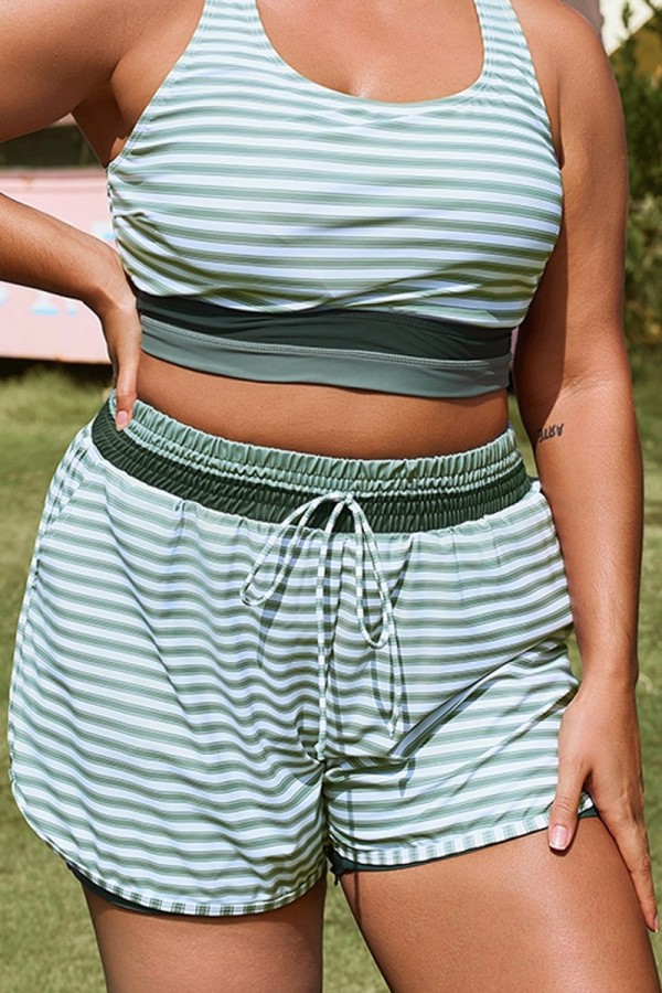 Pantalón Corto De Talla Grande Cintura Media A Rayas Verdes Para Mujer