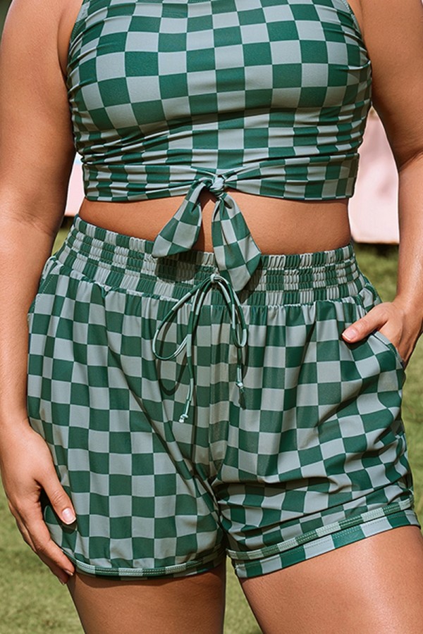 Pantalón Corto De Talla Grande Cintura Media Con Cuadros Verdes Para Mujer