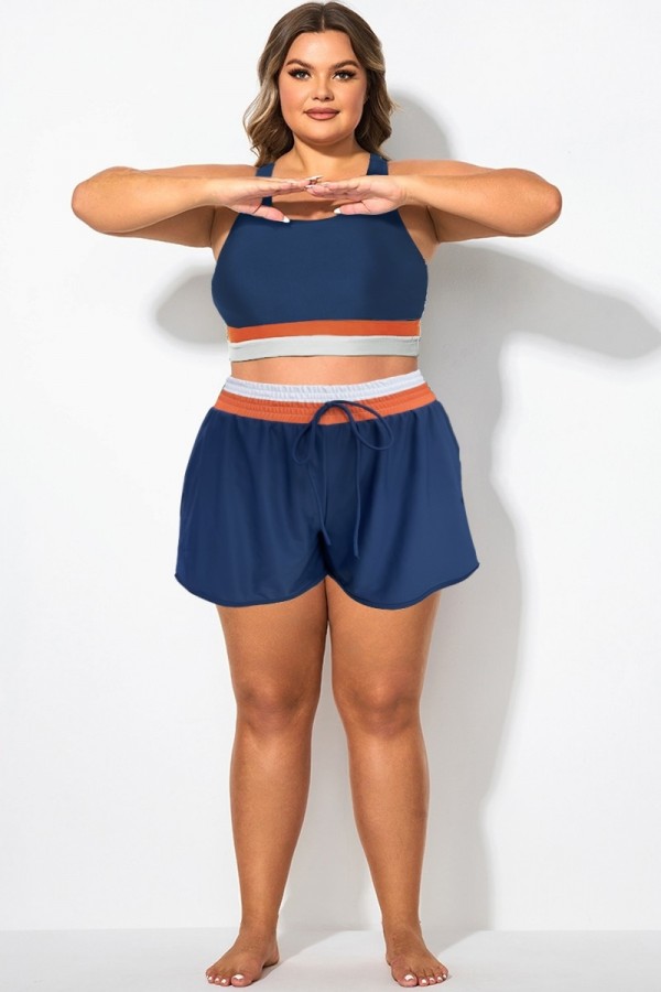 Pantalón Corto Azul De Talla Grande Con Bloques De Color Para Mujer