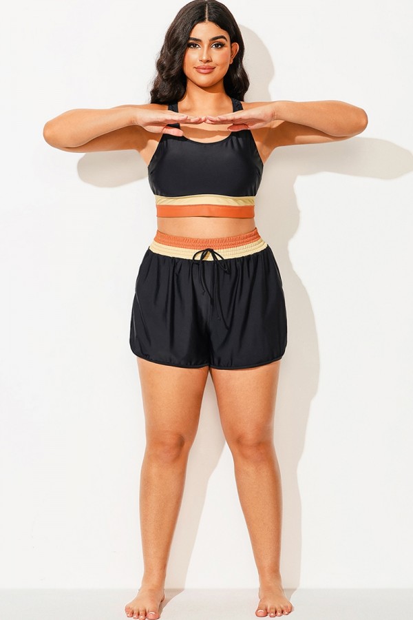Pantalones cortos de talle medio con bloques de color negros para mujer de talla grande