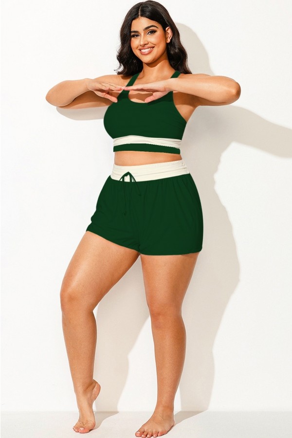 Pantalones cortos de cintura media para mujer, de talla grande, en verde y blanco