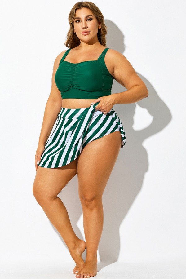 Falda de bikini de cintura alta con rayas verdes y abertura