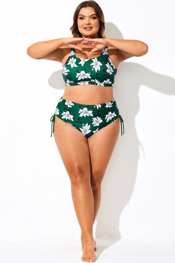Braguita de bikini con lazo lateral y estampado floral verde