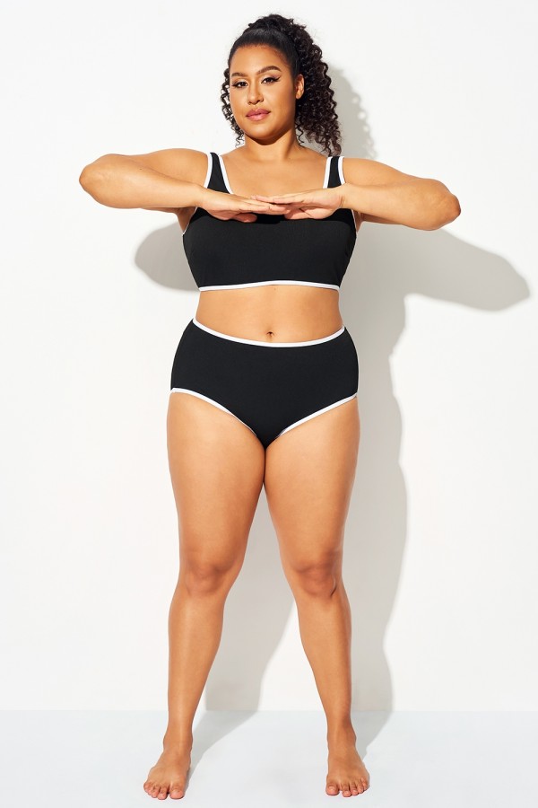Braguita De Bikini Negra De Cintura Alta Con Ribete Blanco