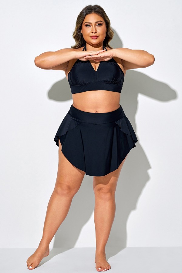 Falda de bikini negra con volantes en el dobladillo