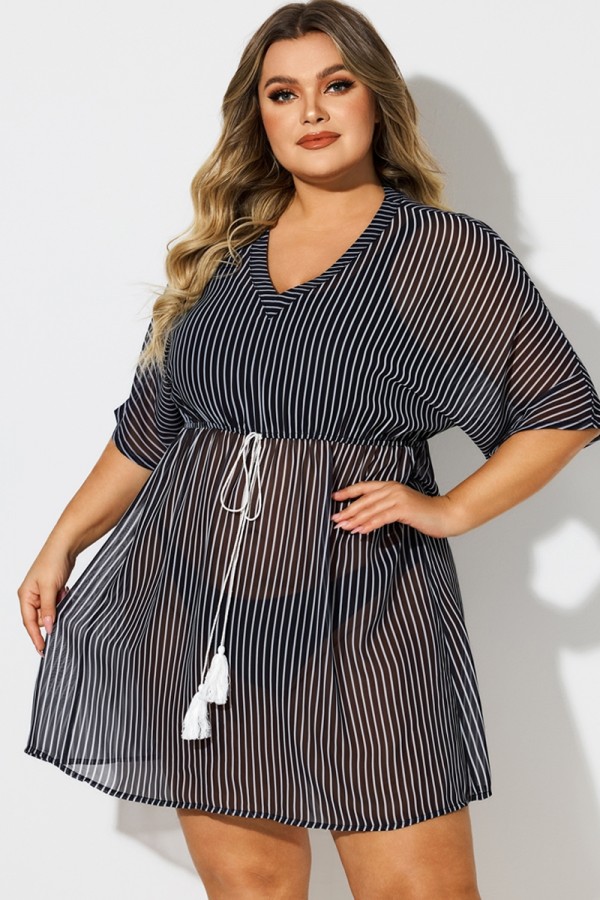 Cover Up De Talla Grande Lazo Frontal Con Borlas A Rayas