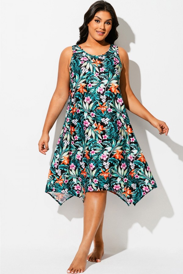 Vestido Playero de Cola de Tiburón con Cuello Redondo y Estampado Floral