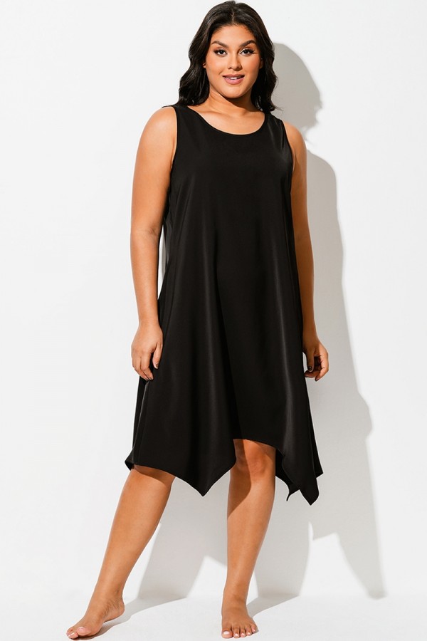 Vestido Playero de Color Negro Liso con Cuello Redondo y Cola de Tiburón