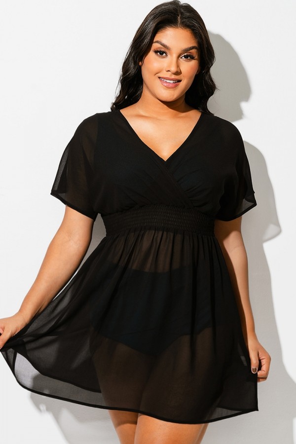 Vestido Negro Fruncido con Malla y Cintura Fruncida