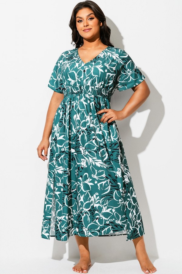 Vestido Largo Verde con Escote en V y Mangas