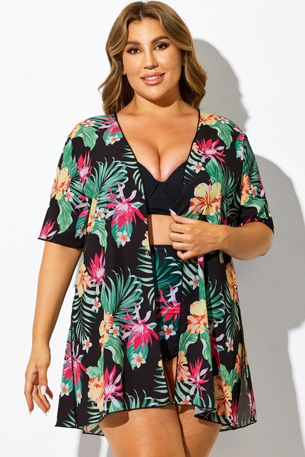 Vestido playero holgado de manga corta con estampado tropical