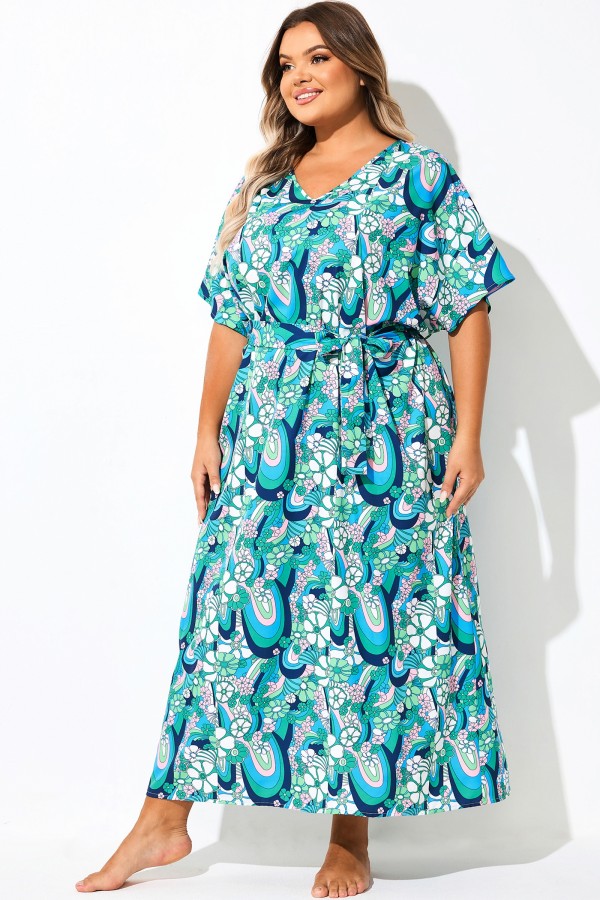 Vestido psicodélico floral verde azulado