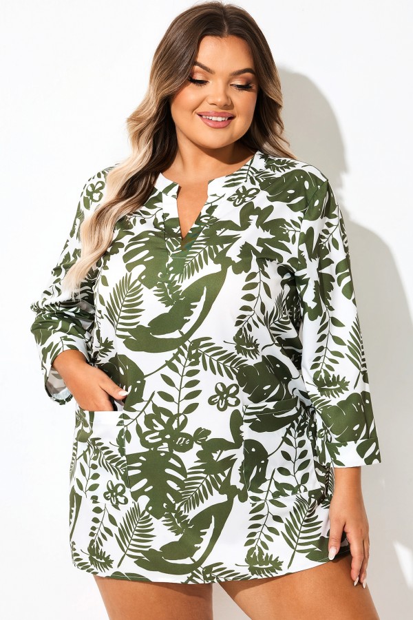 Túnica tipo jersey con estampado de hojas verdes