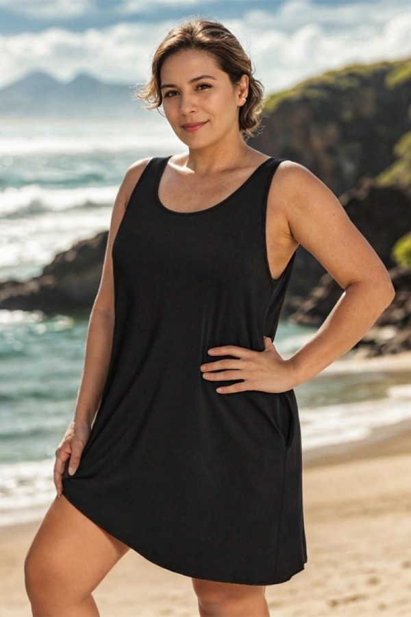 Vestido playero sin mangas de color negro liso de talla grande