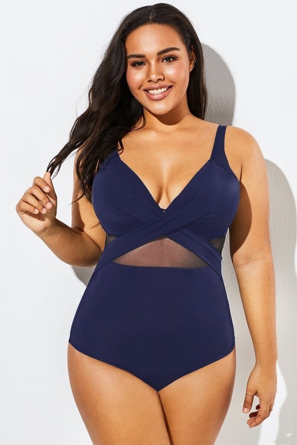 Traje De Baño De Una Pieza Azul Con Aros Y Malla Recortada
