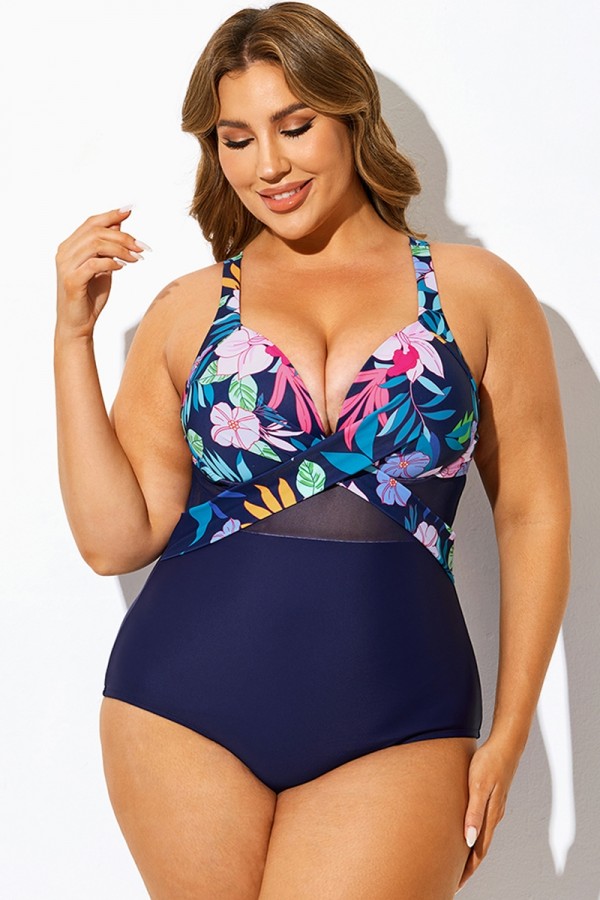 Traje de baño de una pieza con aros y malla recortada azul marino