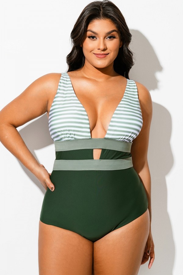 Traje de Baño de Una Pieza con Cortes y Rayas Verdes