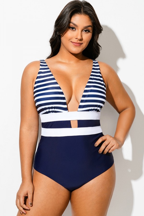 Traje de Baño de Una Pieza con Cortes y Rayas de Color Azul Marino