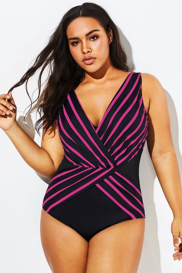 Traje de baño de una pieza casual con cuello en V en negro y rosa