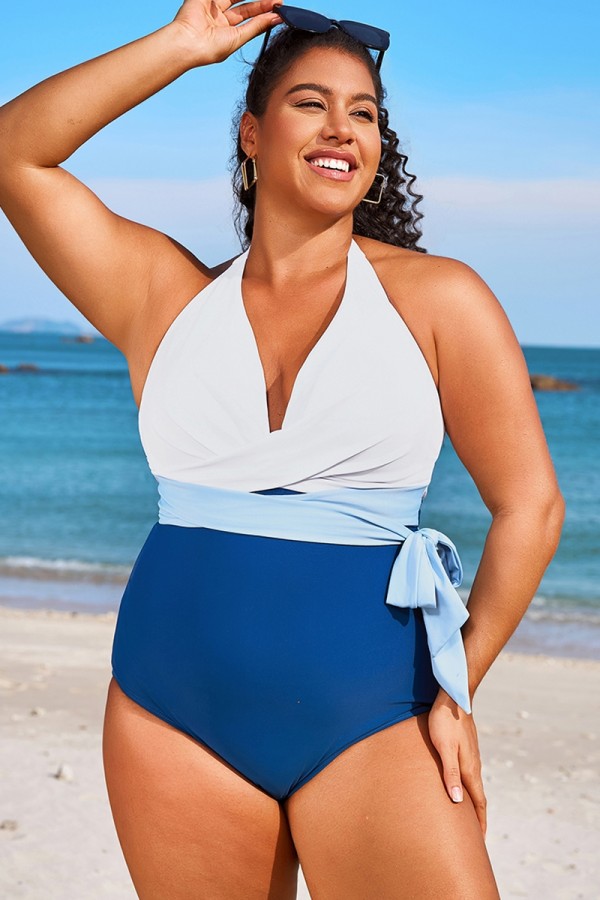 Traje de Baño de Una Pieza Con Diseño Cruzado Halter y Bloques de Color