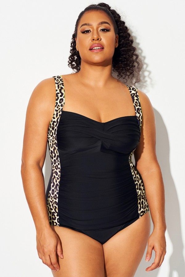 Traje de baño de una pieza push up con estampado de leopardo y parte delantera retorcida