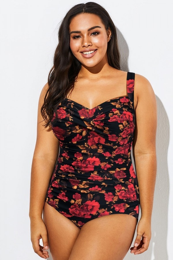 Traje de Baño de Una Pieza Push Up con Parte Delantera Retorcida y Estampado Floral