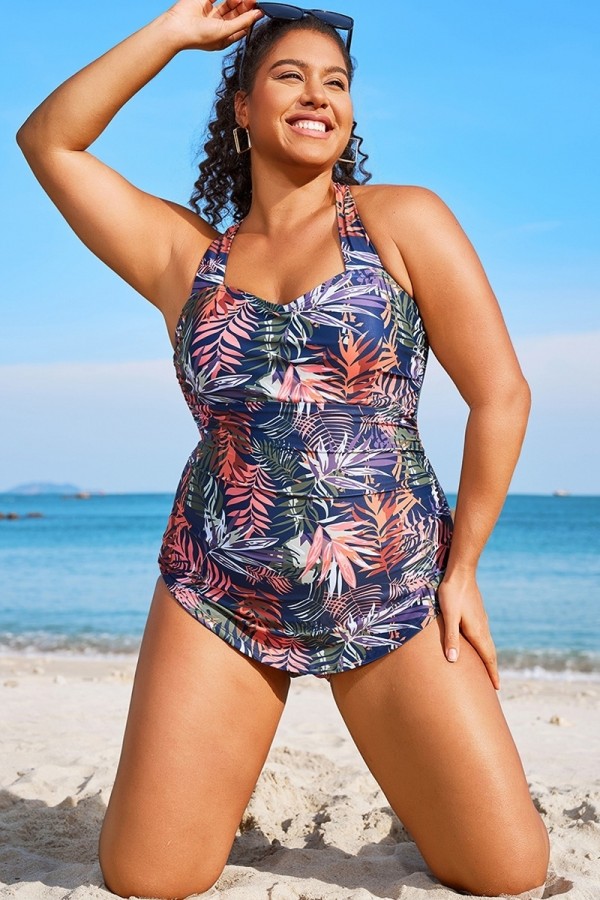 Traje De Baño De Una Pieza Frente Del Pareo Con Estampado Tropical