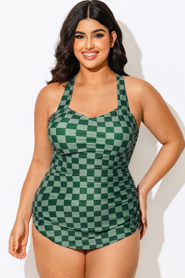 Traje De Baño De Una Pieza Con Parte Delantera De Sarong Y Cuadros Verdes