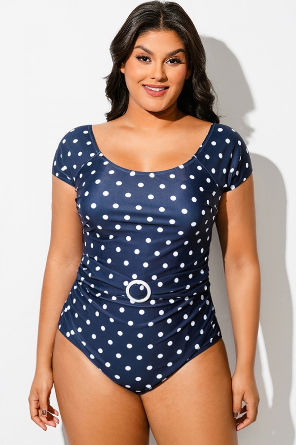Traje de Baño de Una Pieza Elástico Modesto con Cinturón y Lunares