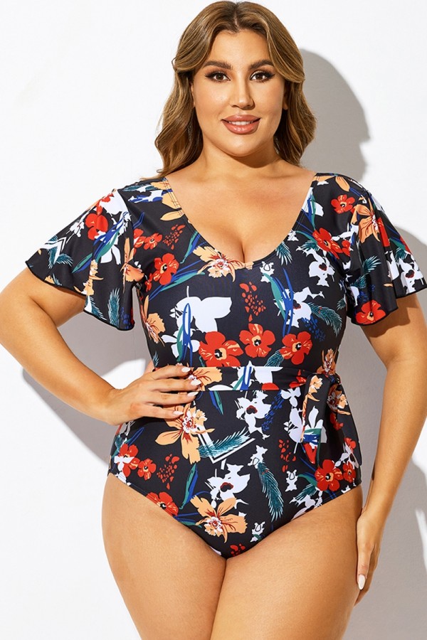Traje de baño de una pieza con estampado floral y mangas