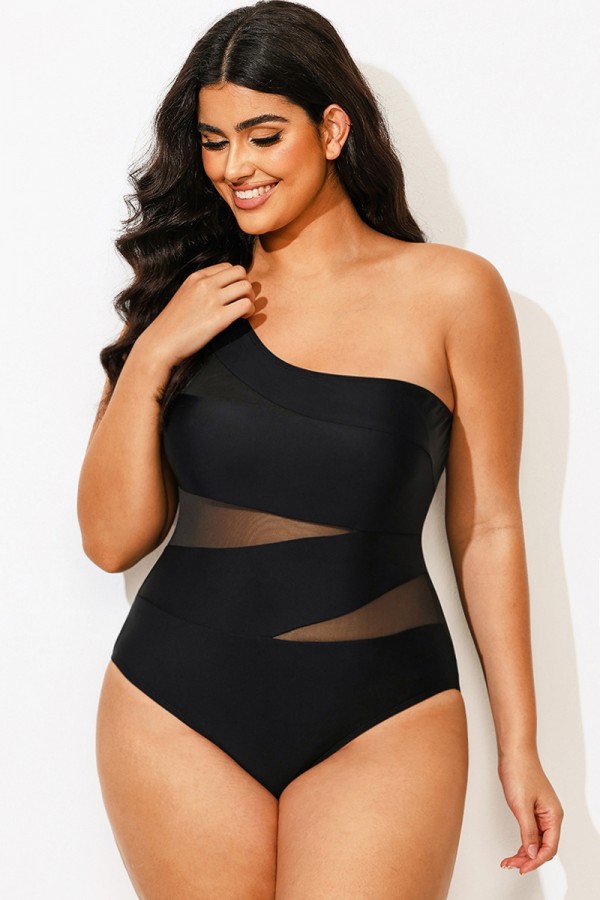 Traje de Baño de Una Pieza Negro Sexy con Un Hombro de Malla