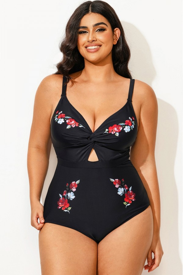 Traje de Baño de Una Pieza Negro con Correas Ajustables y Flores Recortada Frontal