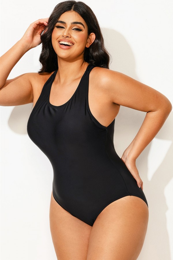 Traje de Baño de Una Pieza Negro con Cuello Alto y Pierna Alta