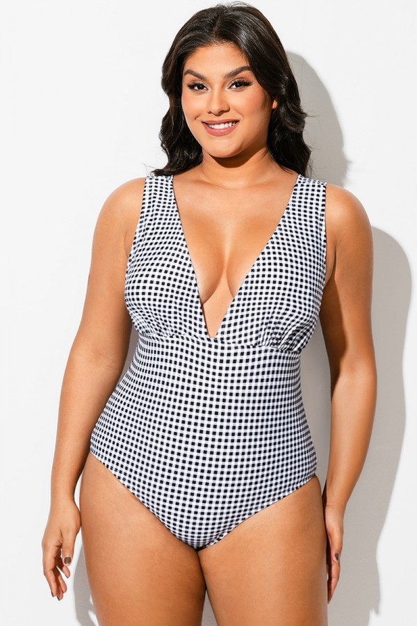 Traje de Baño de Una Pieza Cuadro V-escote con Pierna Baja Corte