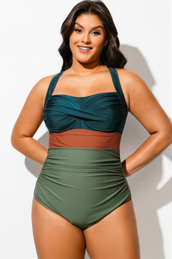 Traje de Baño de Una Pieza Ajustado con Parte Delantera Torcida y Bloques de Color Verde