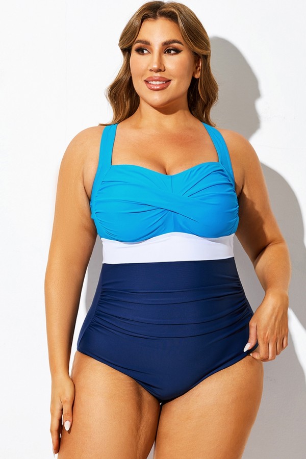 Traje de baño de una pieza ajustado con frente torcido azul y blanco